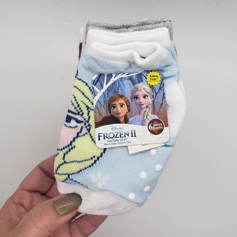 Disney Frozen II 6 Pair Sky Blue Epic Quarter Non Slip Safety Toes Socks 2T-4T